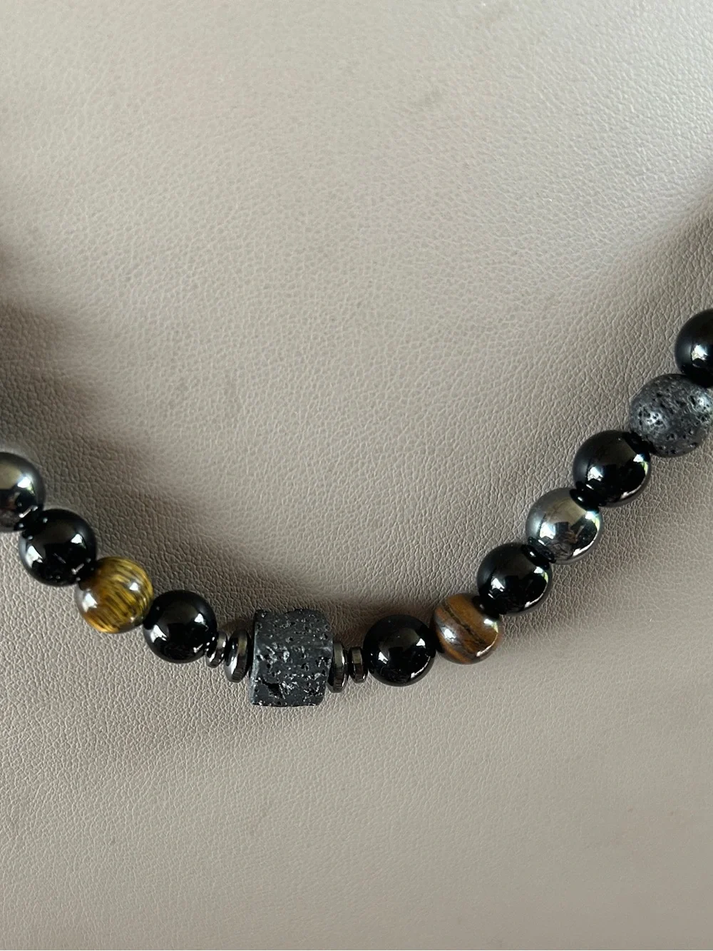 Men's Beaded Necklace in Black and Brown with Matte Accent Bead